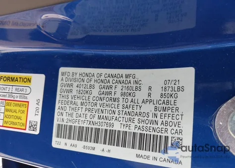 2022 Honda Civic Ex from USA, damaged, VIN 2HGFE1F7XNH307699